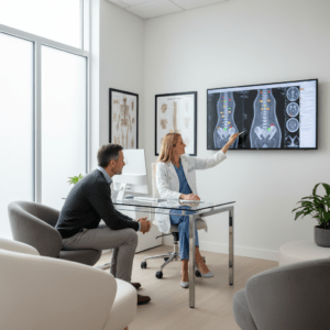 Doctor explaining lumbar MRI to patient in Frisco, TX
