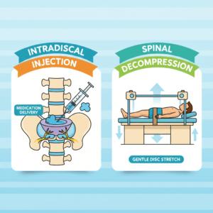 Intradiscal injection vs spinal decompression illustration showing medication injected into disc versus gentle disc stretching on decompression table