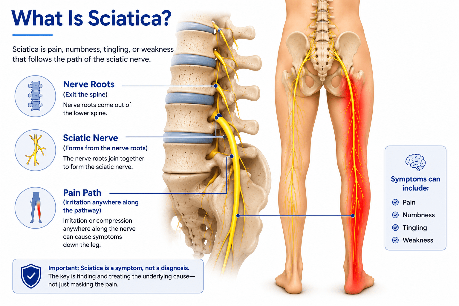 Medical illustration of the sciatic nerve extending from the lower spine through the buttock and down the leg.