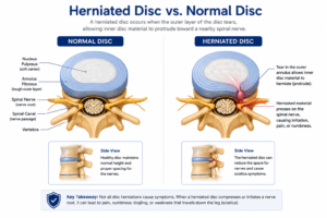 Medical illustration comparing a normal lumbar spinal disc with a herniated disc compressing a nearby spinal nerve root.