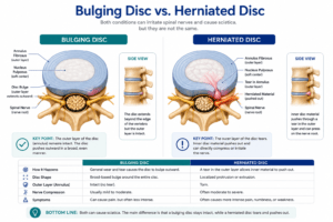 Medical illustration comparing a bulging spinal disc with a herniated disc, showing the differences in disc shape and potential nerve compression.