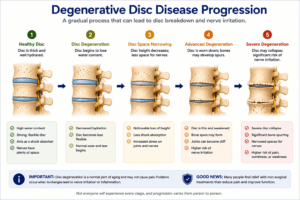 Medical illustration showing the progression of degenerative disc disease from a healthy spinal disc to disc dehydration, loss of disc height, and narrowing around nearby spinal nerves.