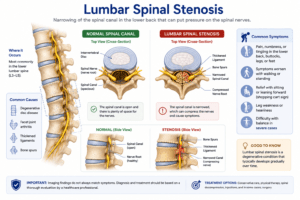 Medical illustration comparing a normal lumbar spinal canal with lumbar spinal stenosis, showing narrowing of the spinal canal and compression of nearby nerve roots.