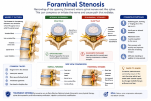 Medical illustration showing foraminal stenosis, where narrowing of the spinal nerve opening compresses a nerve root as it exits the spine.