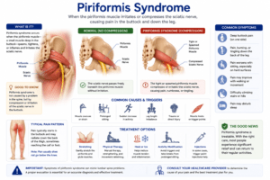 Medical illustration showing the piriformis muscle compressing the sciatic nerve in the buttock, causing pain that radiates down the leg.