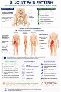 Medical illustration showing the location of the sacroiliac (SI) joints and the typical pain pattern associated with SI joint dysfunction.
