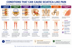 Medical comparison chart illustrating common conditions that can mimic sciatica, including herniated disc, piriformis syndrome, SI joint dysfunction, hip arthritis, peripheral neuropathy, and vascular claudication.
