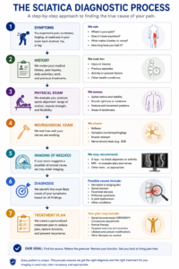 Medical flowchart illustrating the diagnostic process for sciatica, including symptom history, physical examination, neurological testing, imaging when appropriate, diagnosis, and treatment planning.