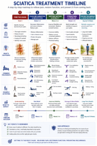 Medical infographic illustrating the typical stages of non-surgical sciatica treatment, from diagnosis and pain reduction to restoring movement, strengthening the spine, and preventing future episodes.