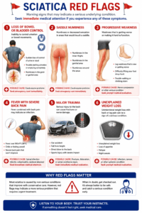 Medical infographic highlighting the warning signs of sciatica that require immediate medical evaluation, including loss of bowel or bladder control, saddle numbness, progressive leg weakness, fever with severe back pain, major trauma, and unexplained weight loss.